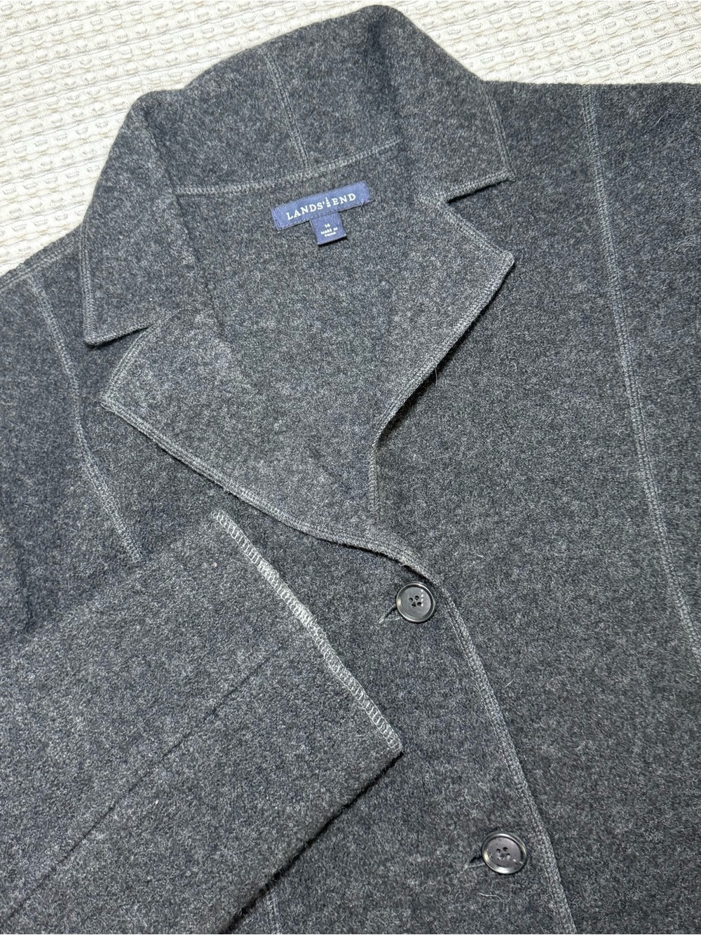 VTG Lands End Boiled Wool Cardigan Jacket Woman’s Size 14 Charcoal Blazer Preppy